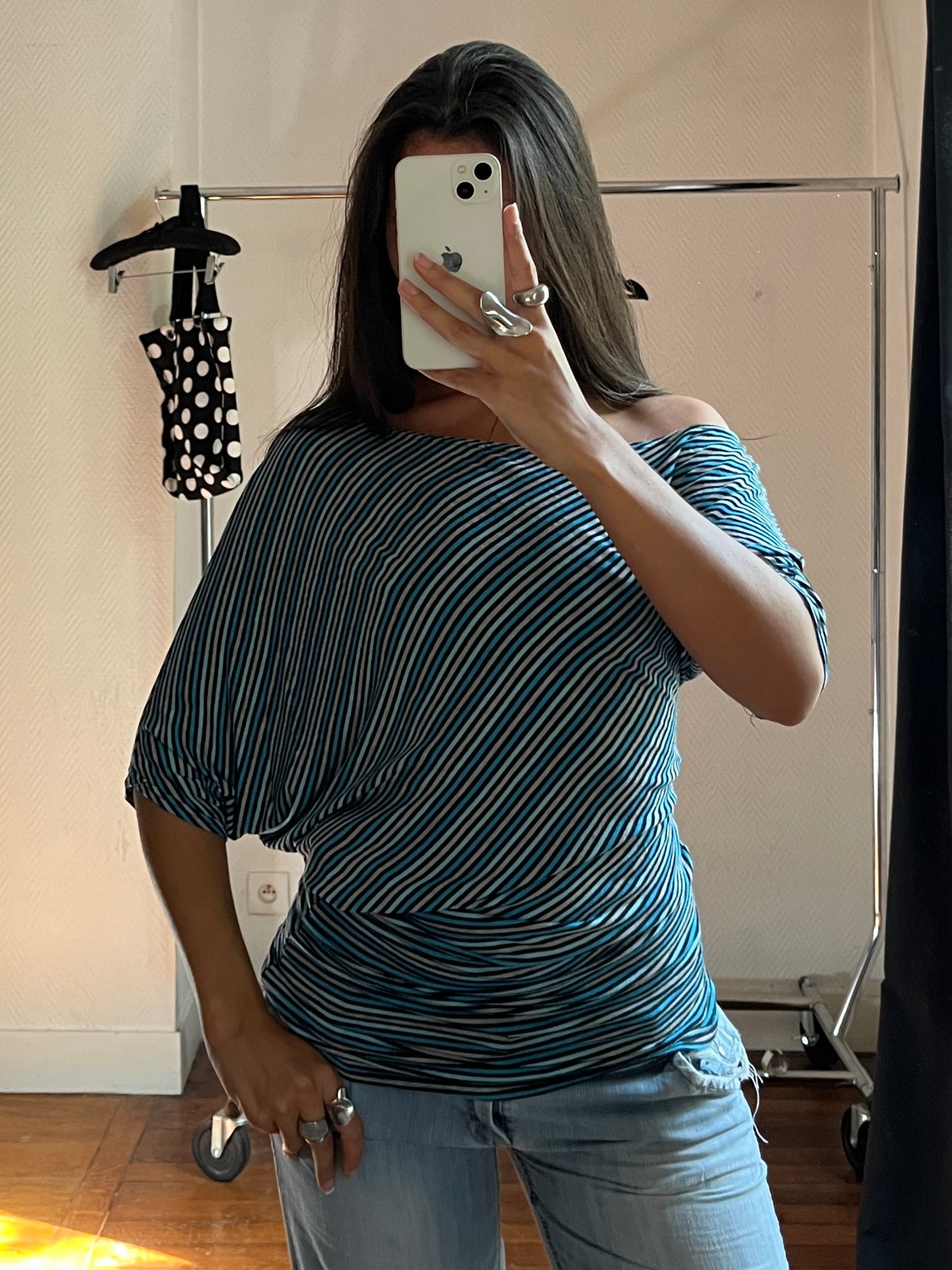 Vintage blue striped asymmetrical top