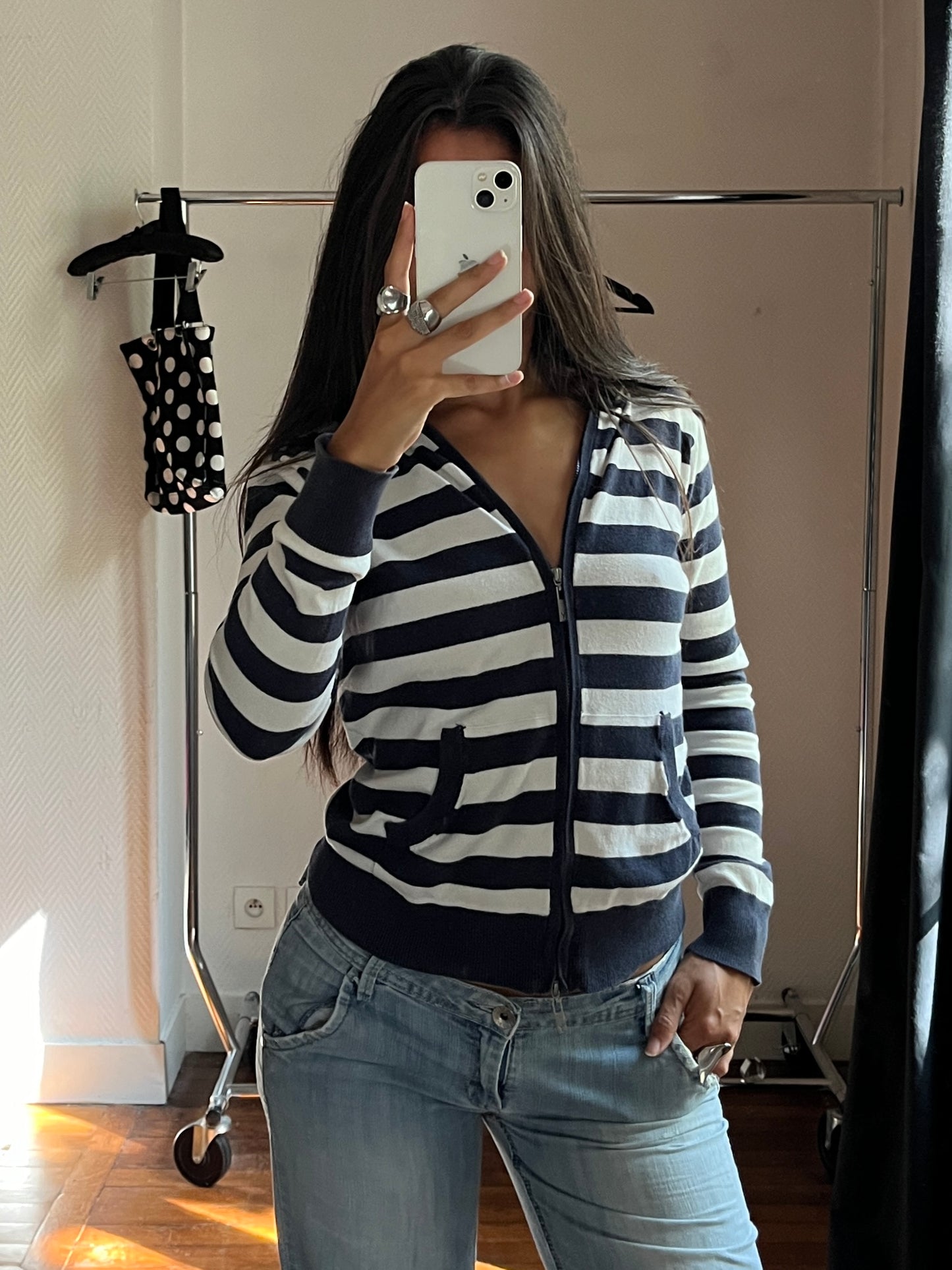 Vintage B&W striped hooded zip up jacket