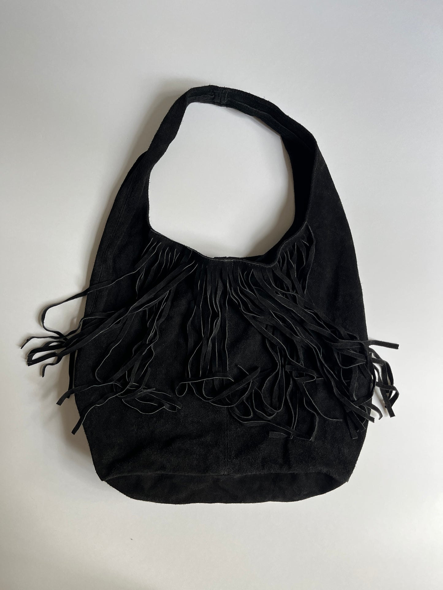 Vintage black leather fringed bag