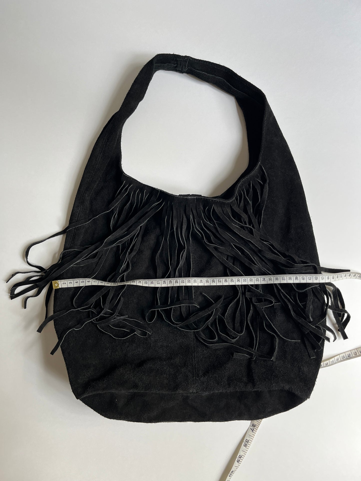 Vintage black leather fringed bag