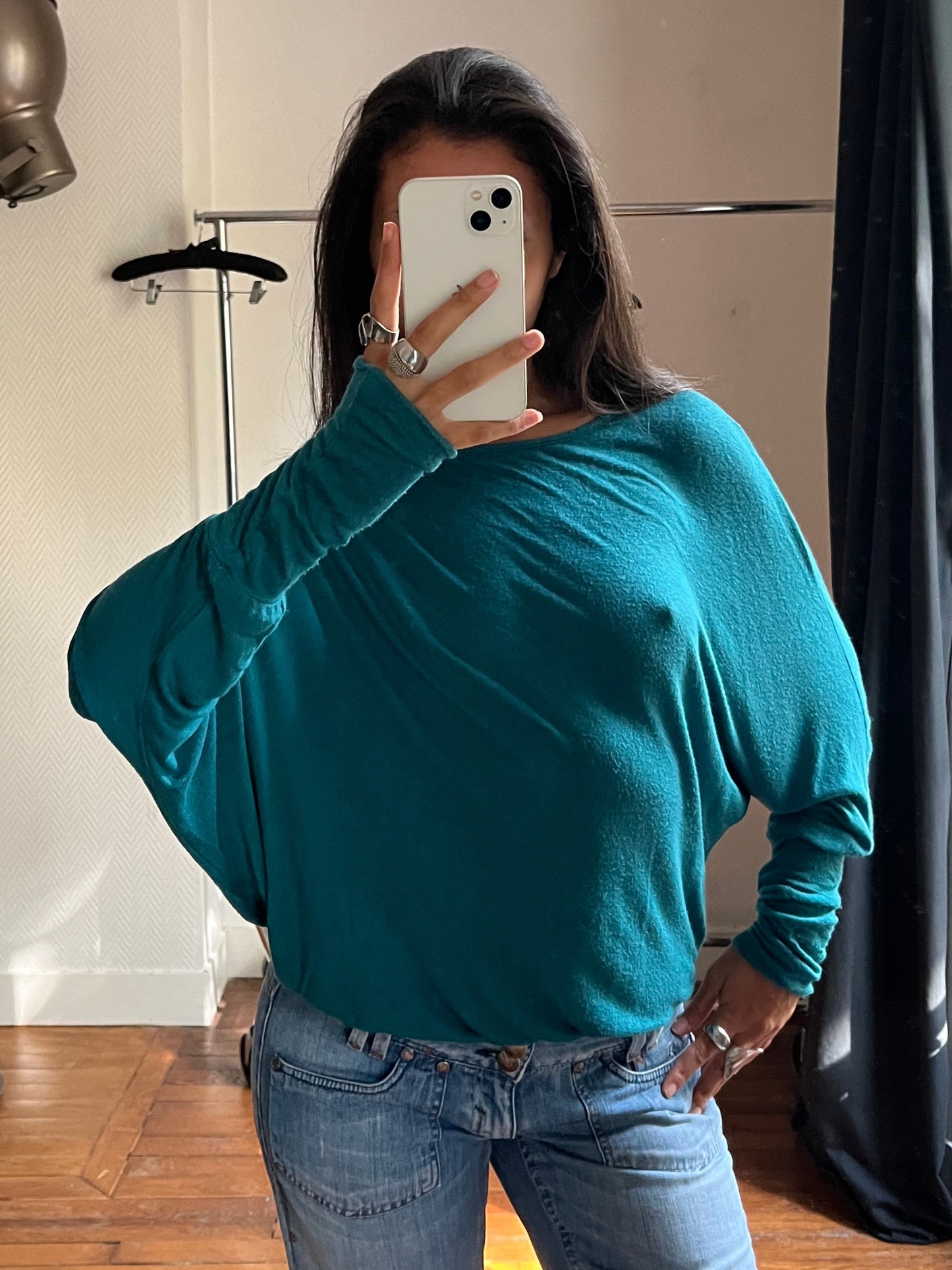 Vintage blue batwing draped top