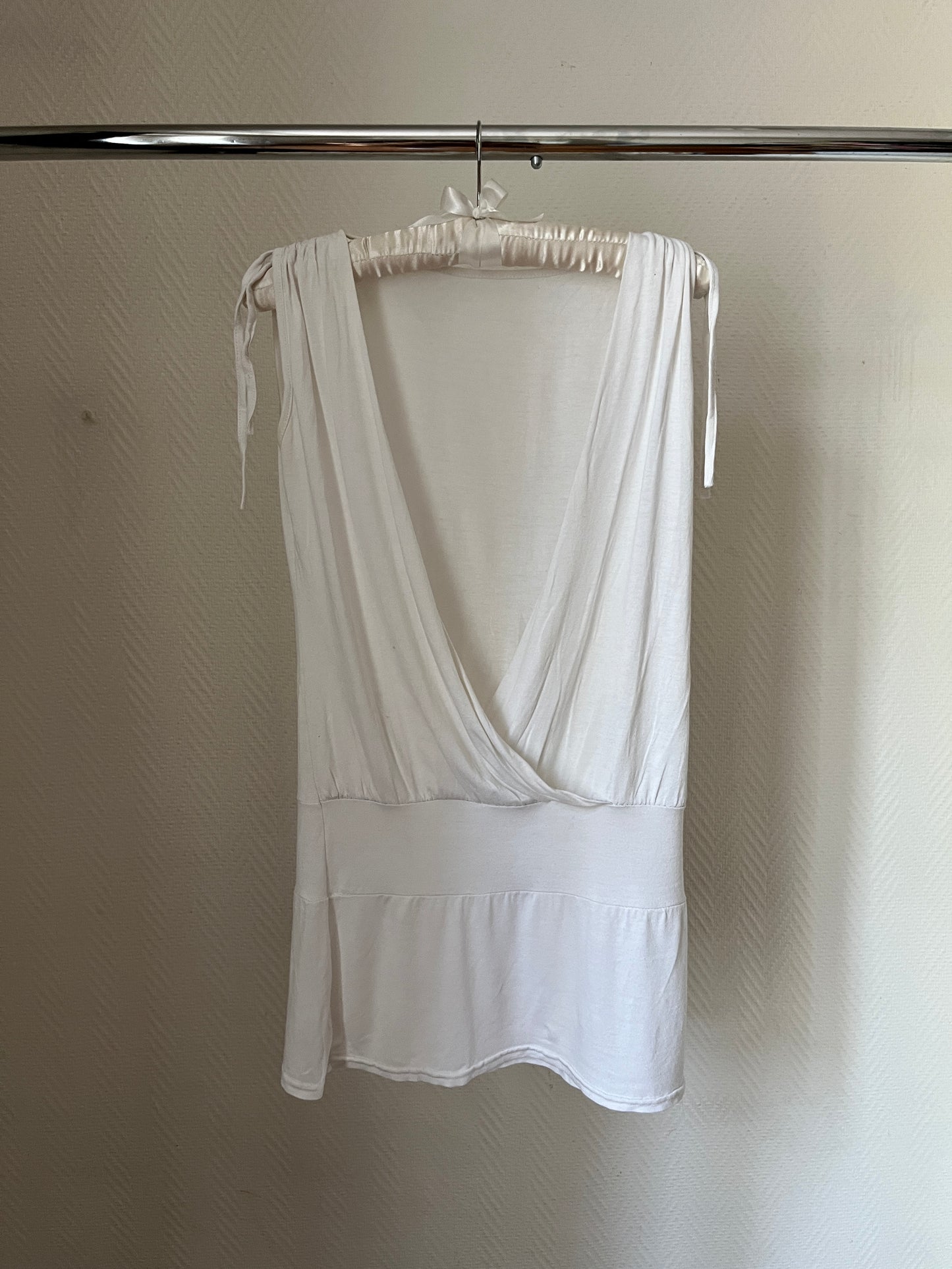 Vintage low V-neck white draped summer beach or party dress
