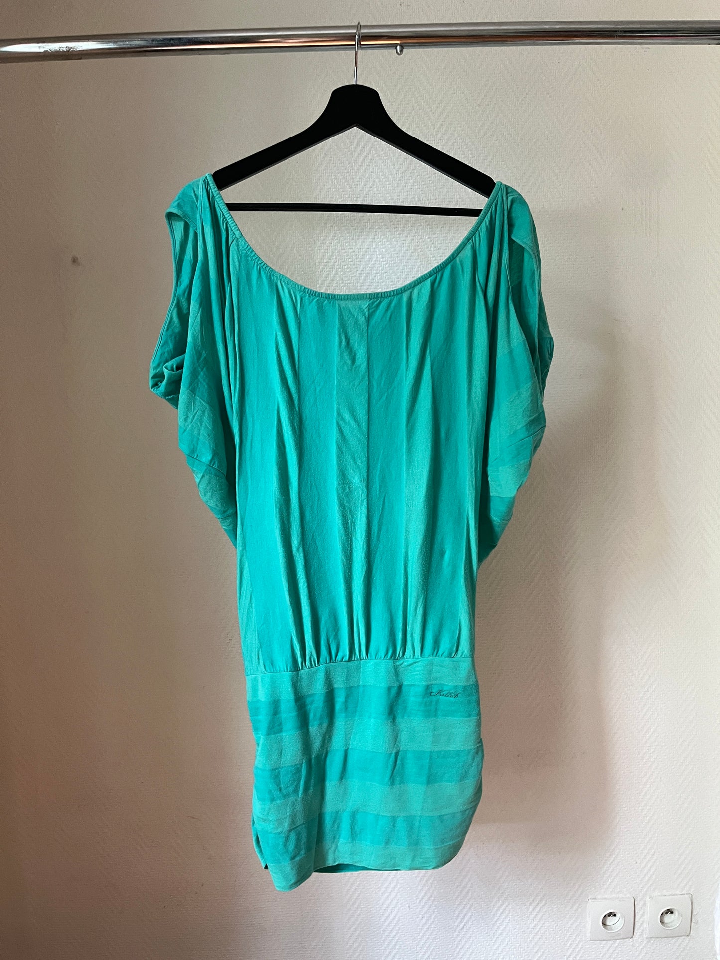Vintage turquoise draped mini dress