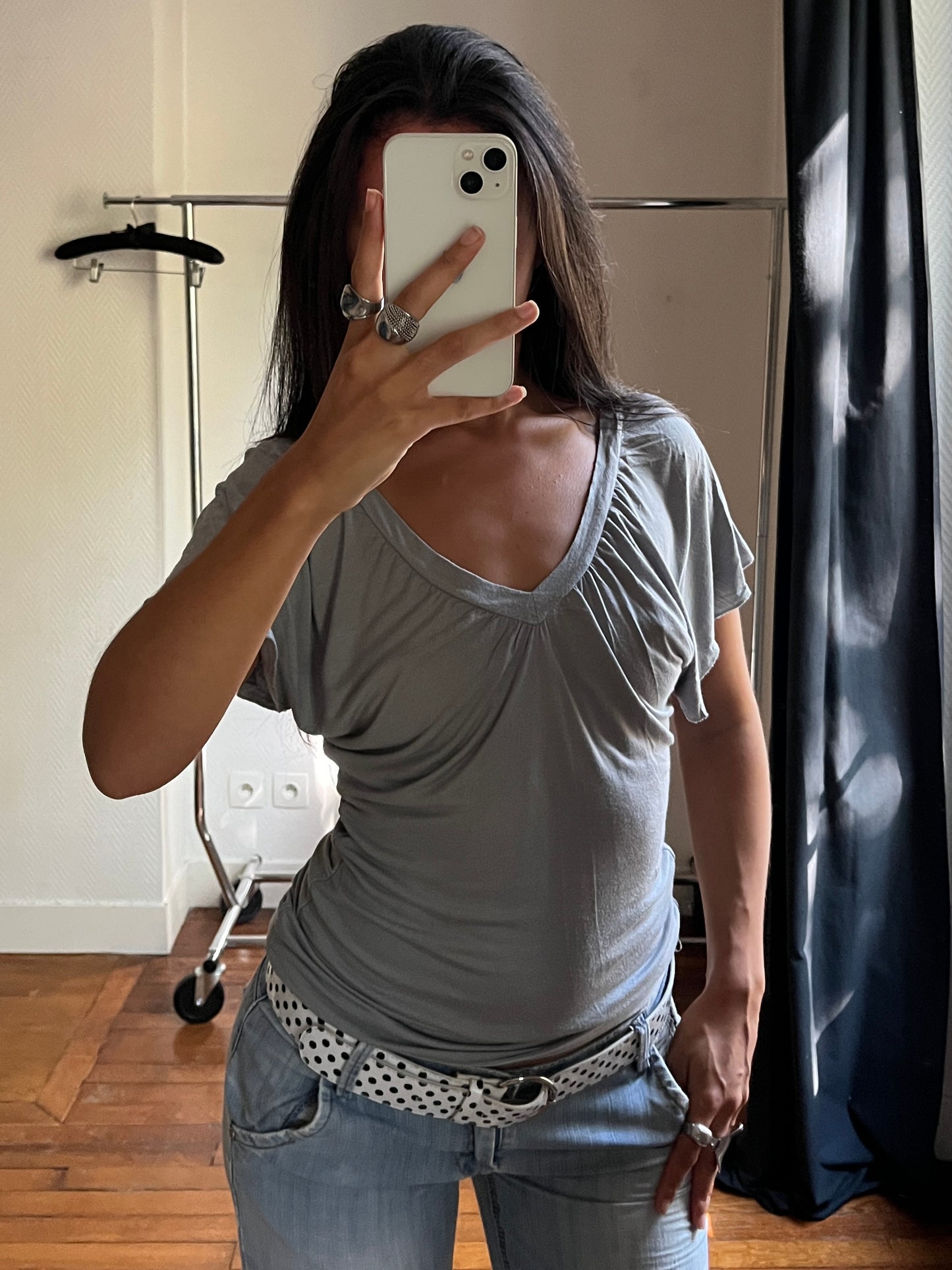 Vintage grey batwing V neck draped top