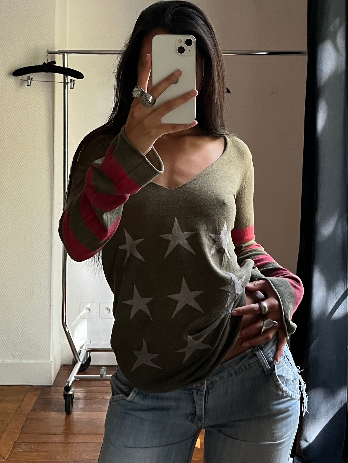 Vintage khaki stars & stripes knitted top