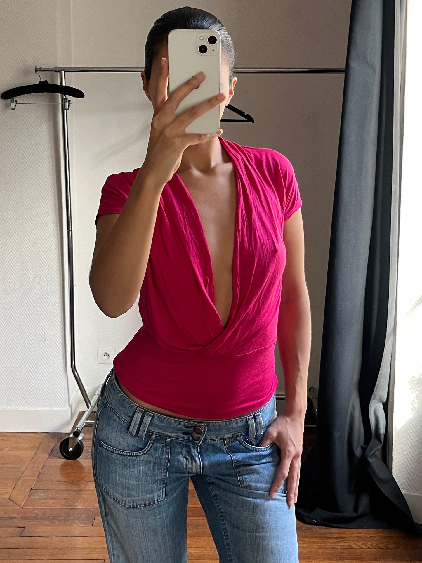 Vintage pink V neck draped top