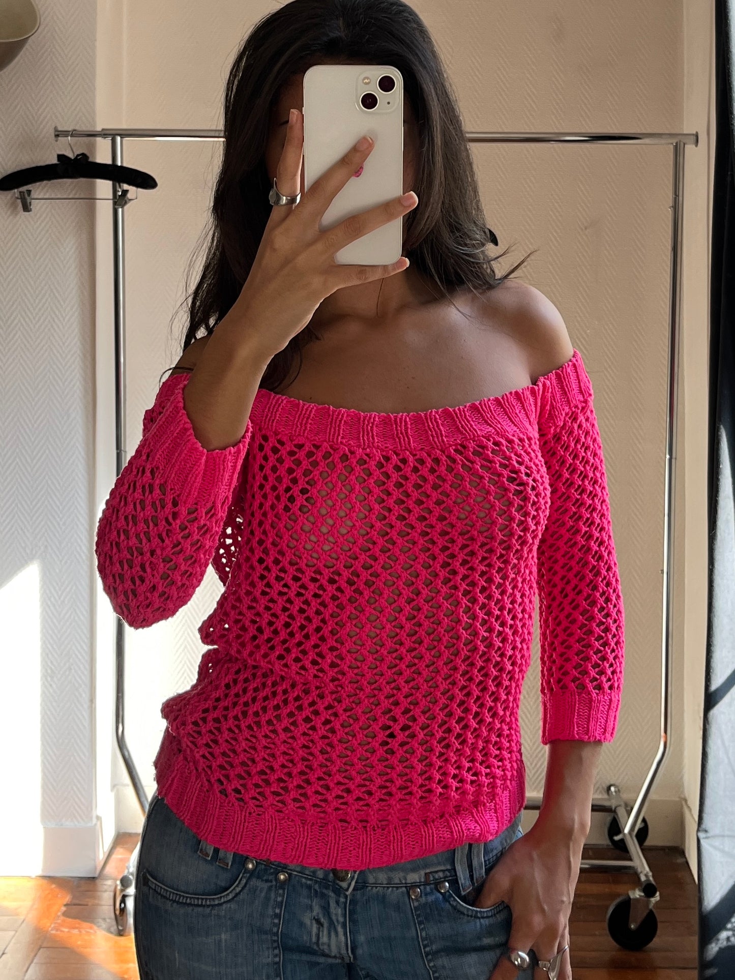 Vintage neon pink fishnet top