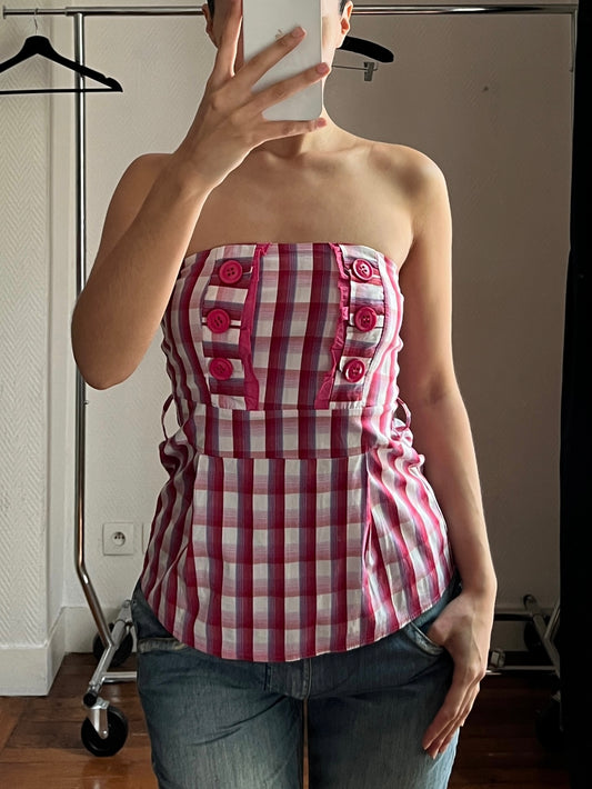 Plaid buttoned bustier top