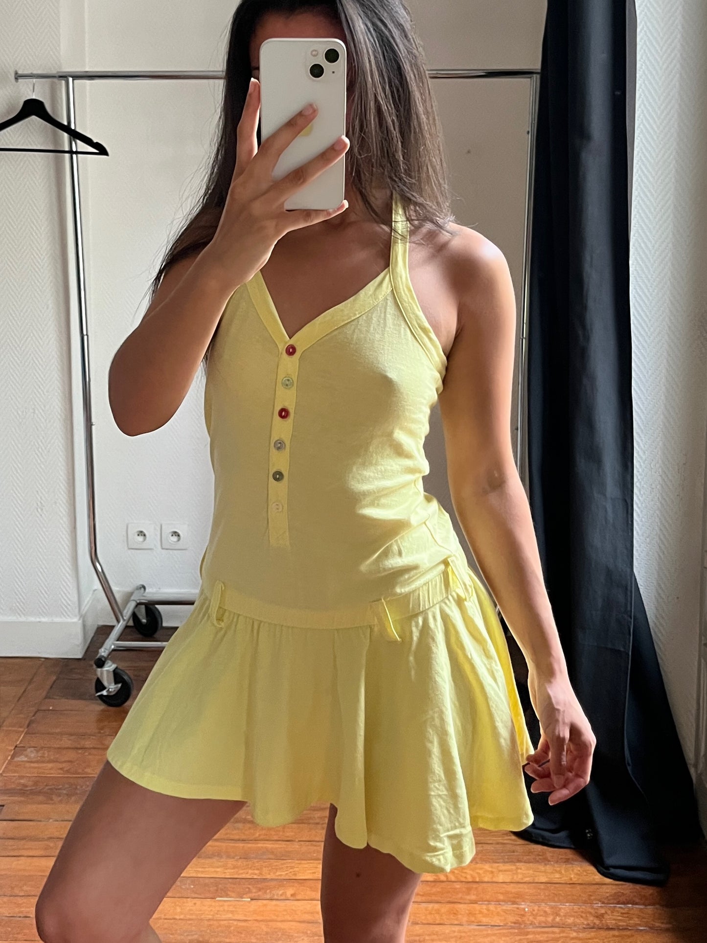 Vintage halter yellow buttoned summer dress