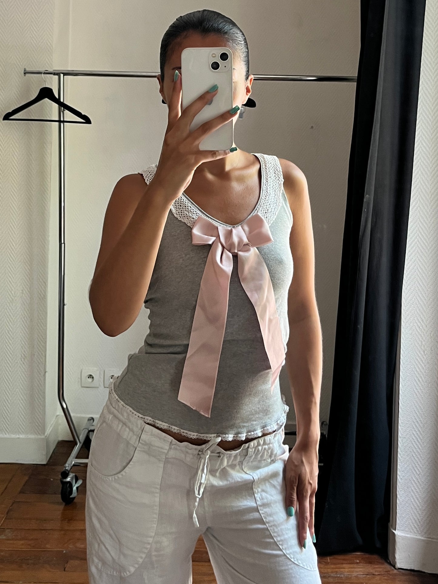 Vintage grey tank top with pink satin ribbon
