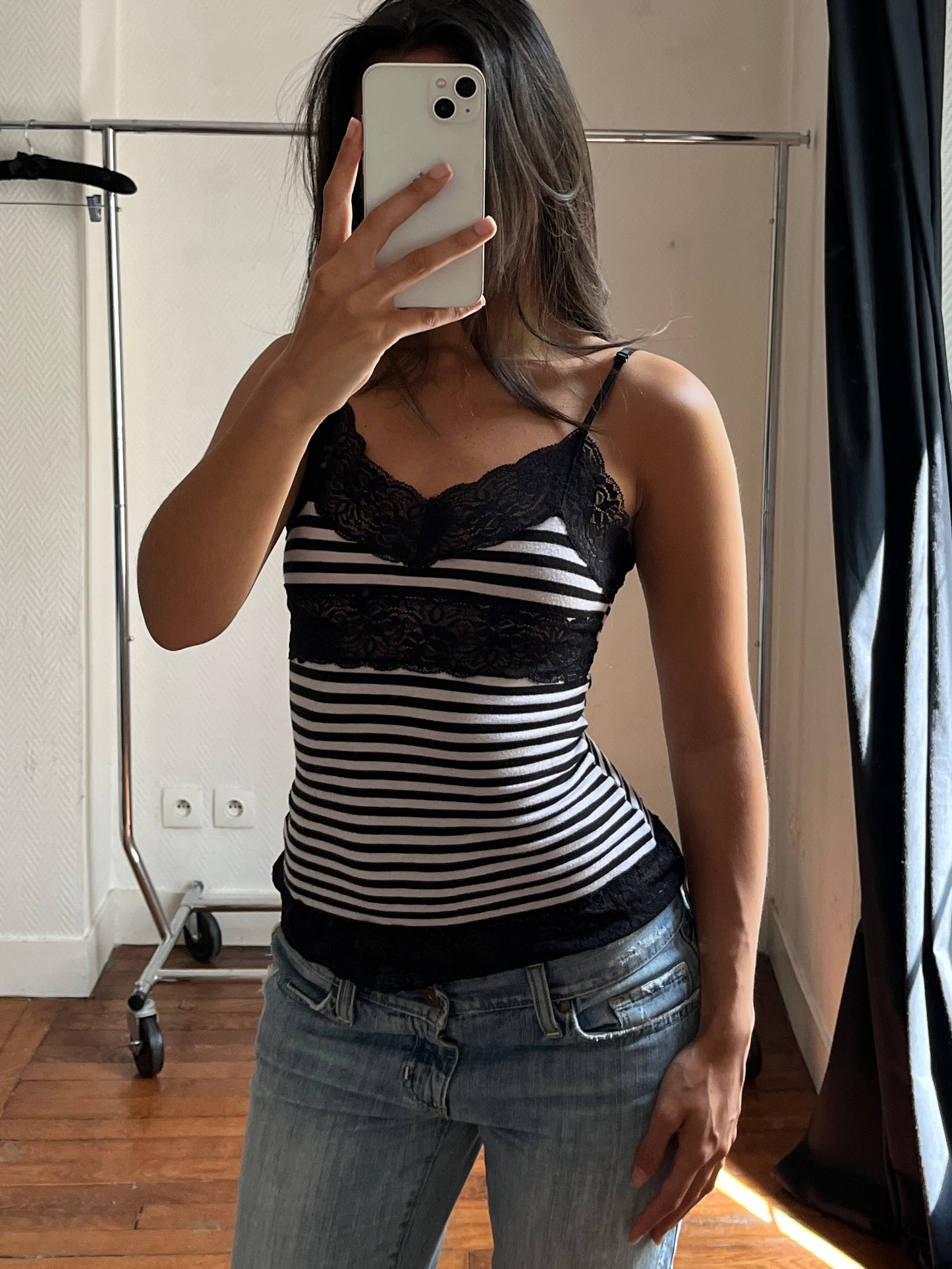Vintage striped & lace cami top