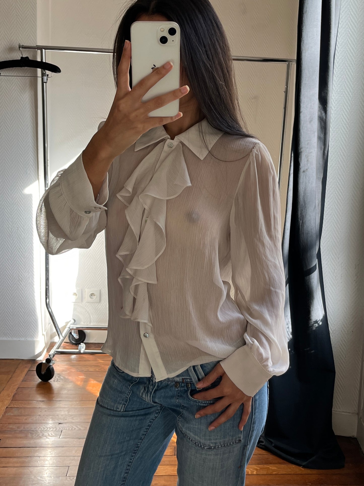 Vintage ivory see through ruched blouse