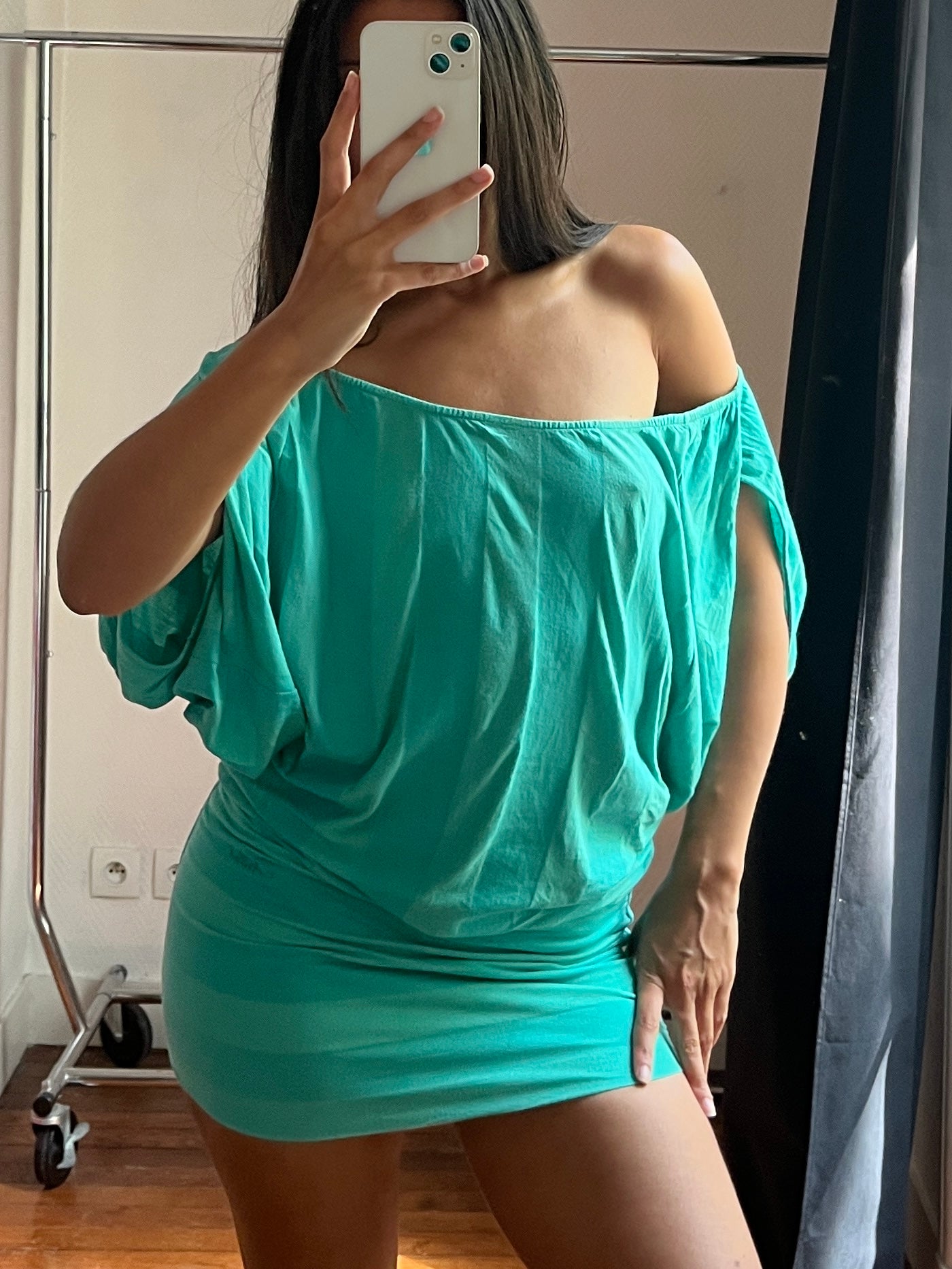 Vintage turquoise draped mini dress