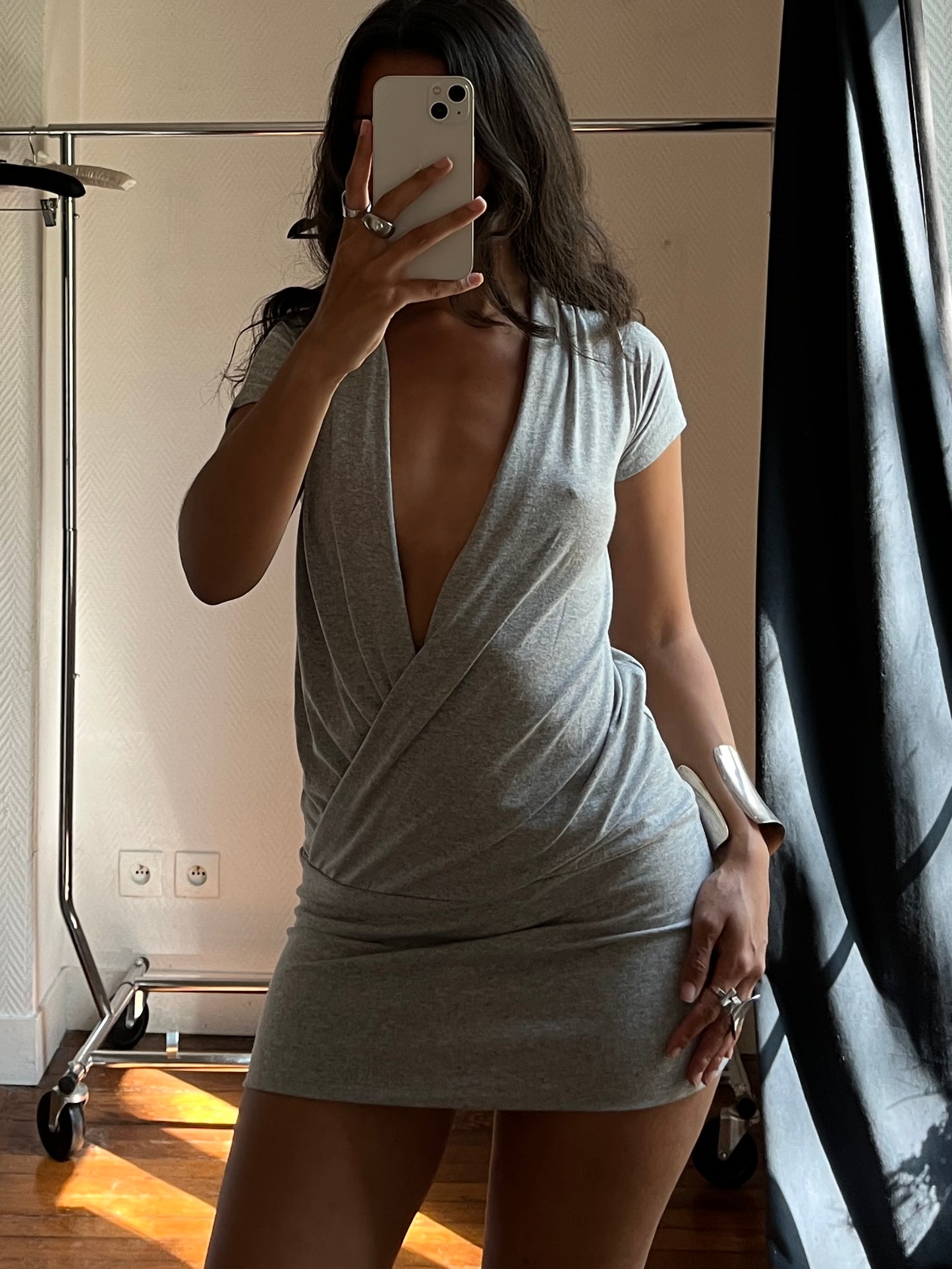 Vintage draped V neck grey dress