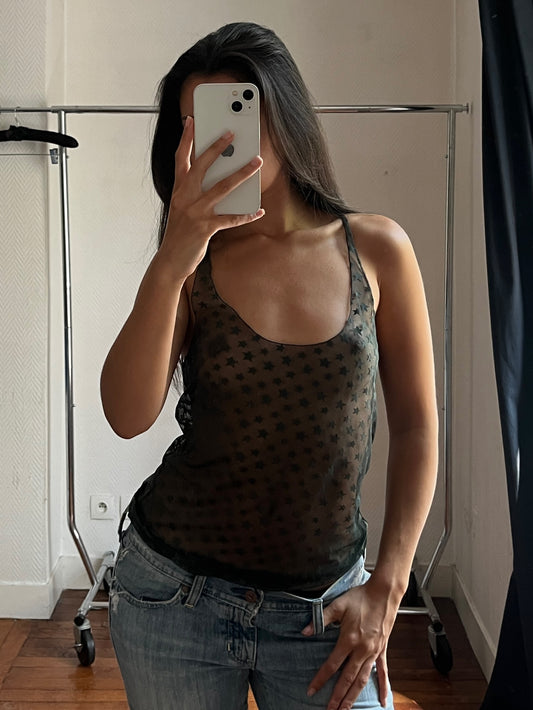 Vintage see-through stars khaki mesh top