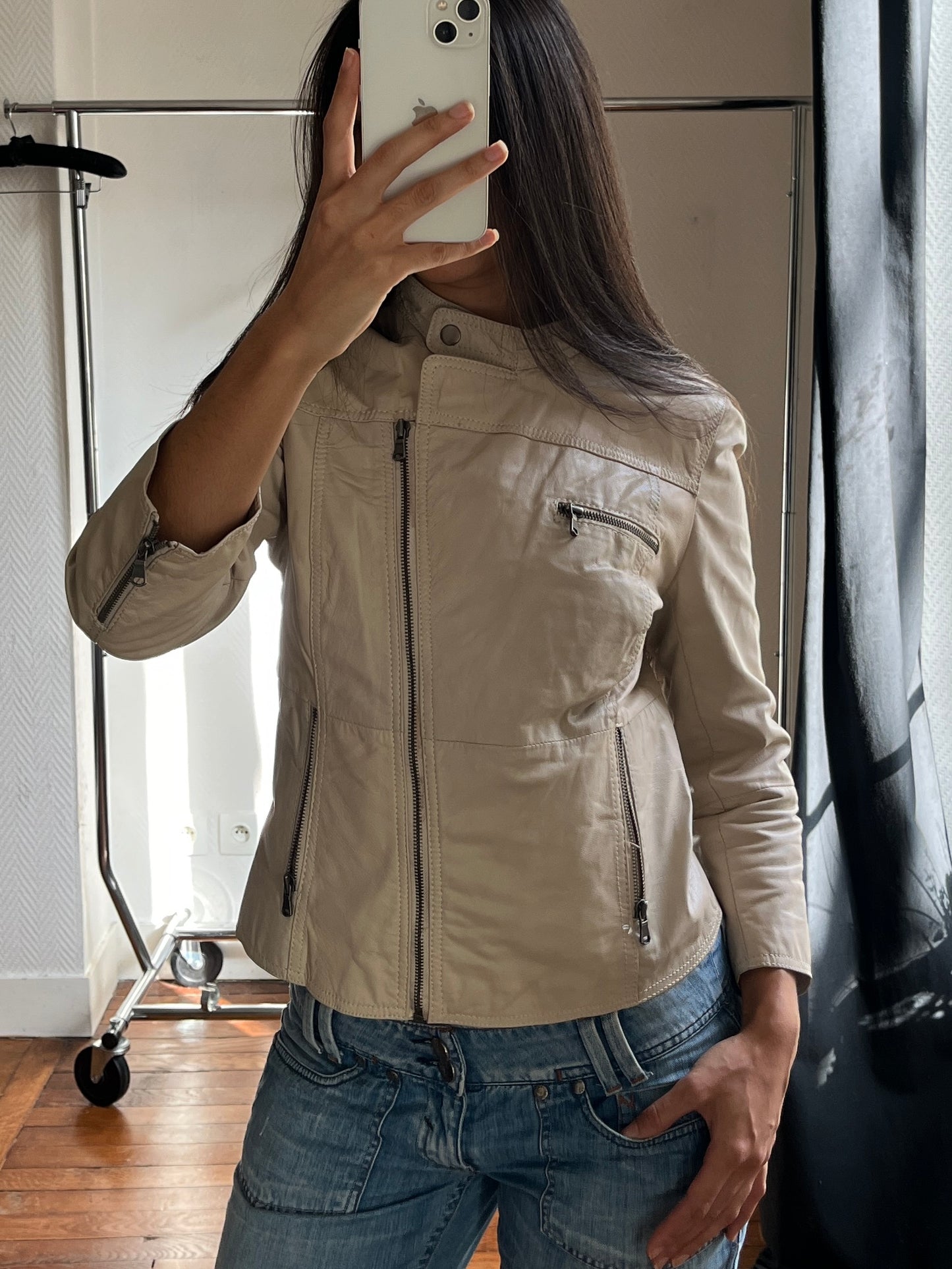 Vintage beige leather 3/4 jacket