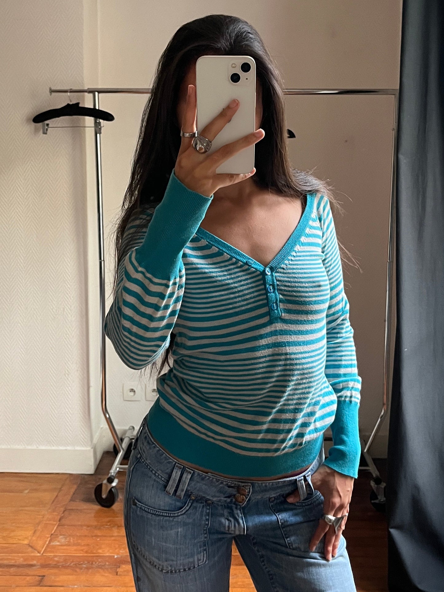 Vintage blue striped buttoned pull over