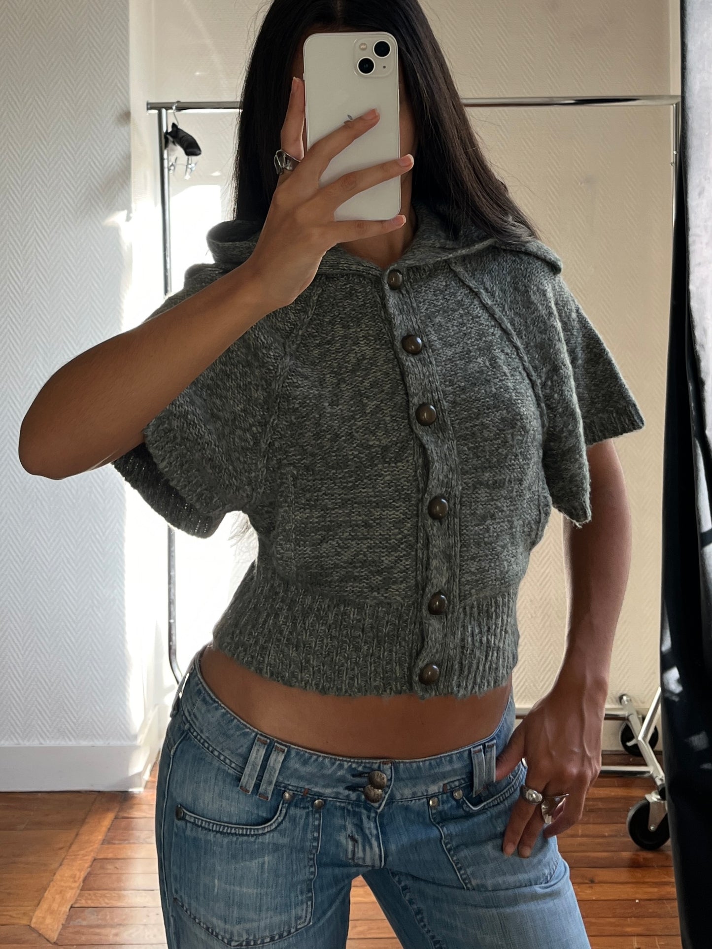 Vintage hooded knitted short buttoned top