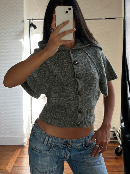 Vintage hooded knitted short buttoned top