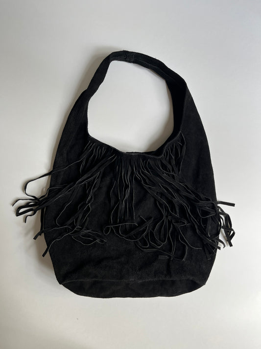 Vintage black leather fringed bag