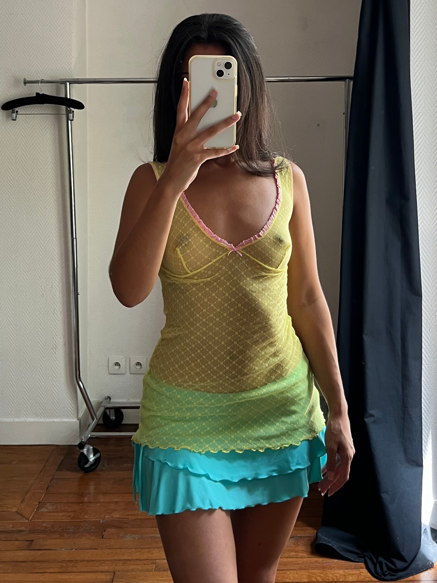 Vintage yellow see-through top/ mini nuisette