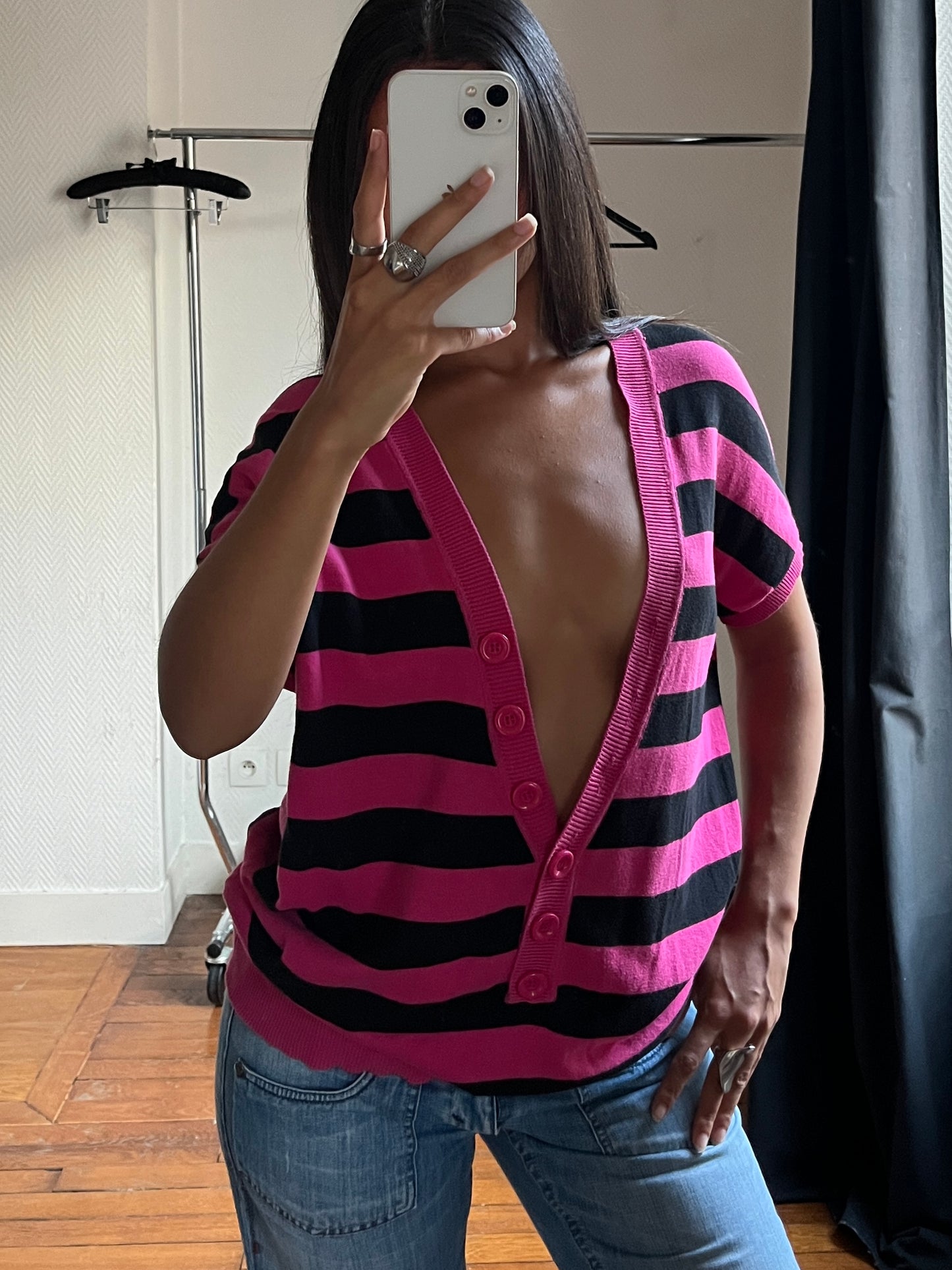 Vintage striped low V neck knitted top