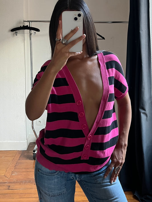 Vintage striped low V neck knitted top