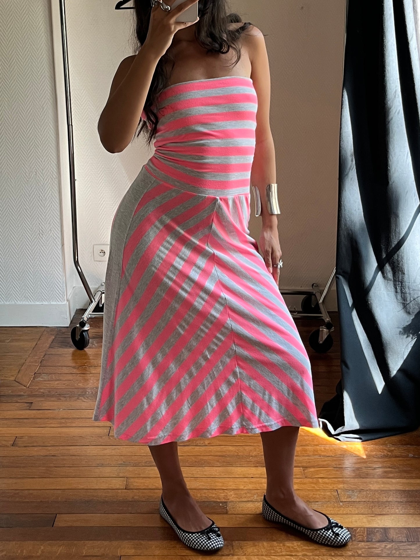 Vintage long neon pink & grey bustier dress