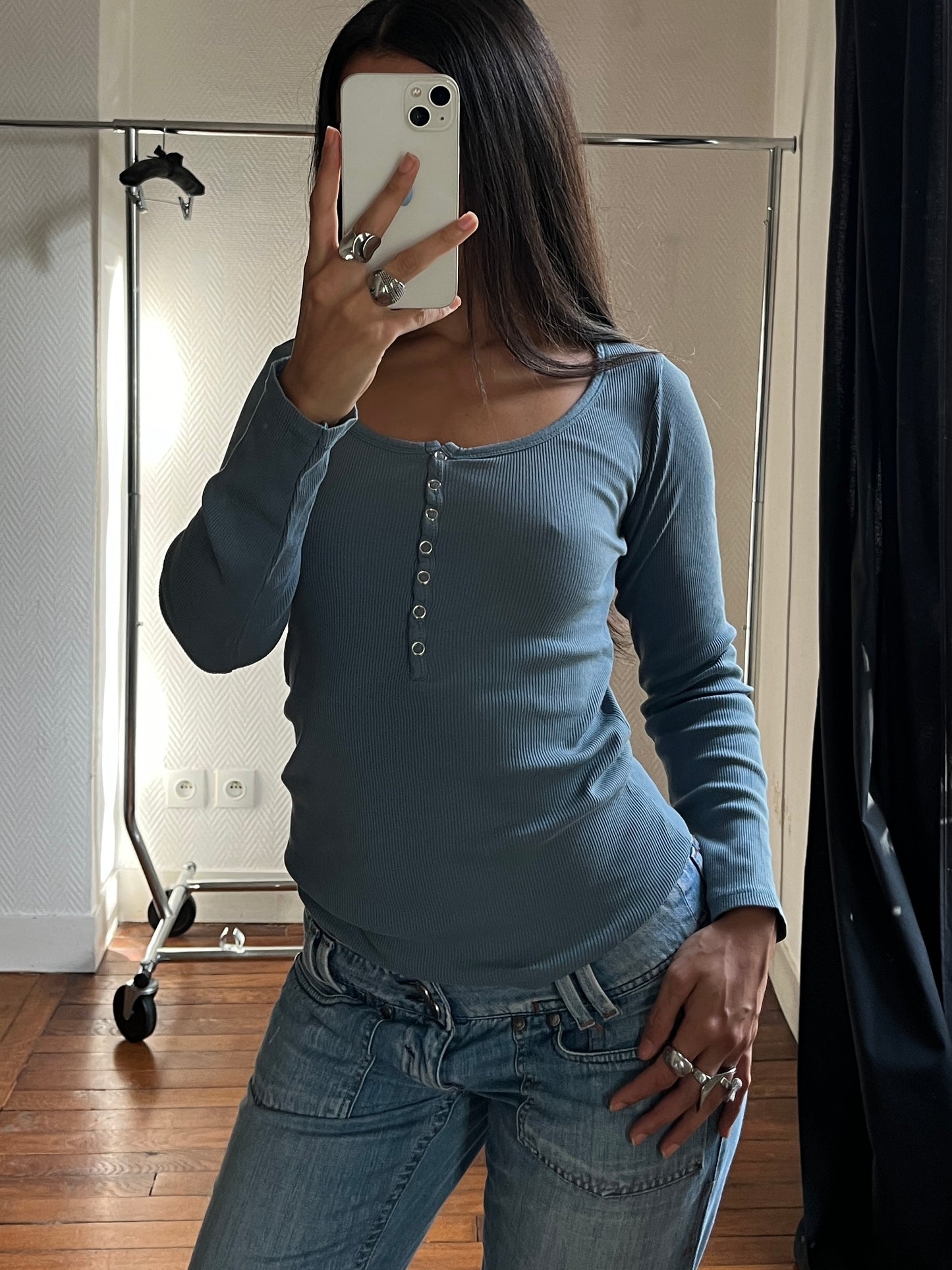 Vintage blue buttoned long sleeved top