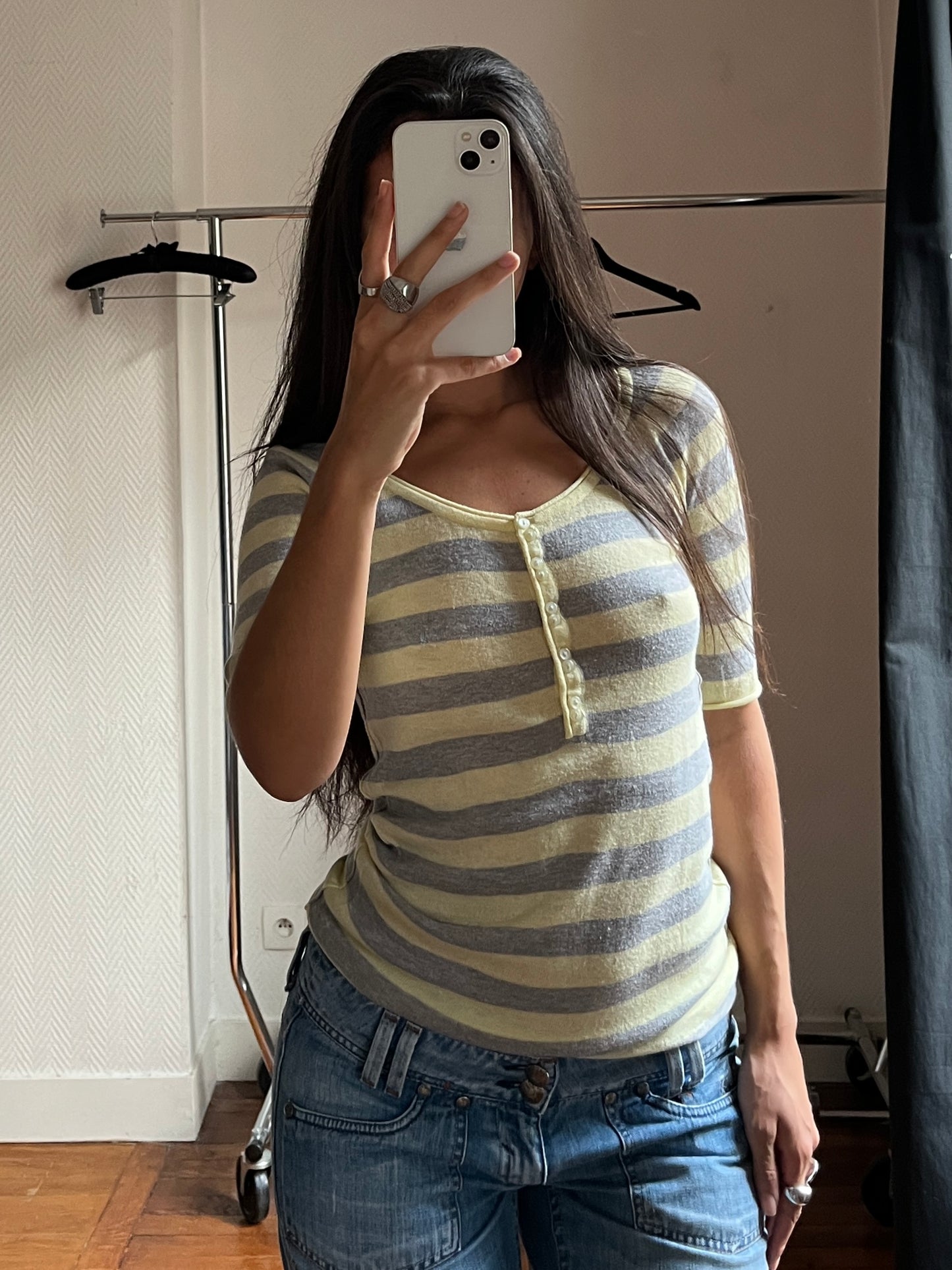 Vintage grey & yellow 3/4 knitted top