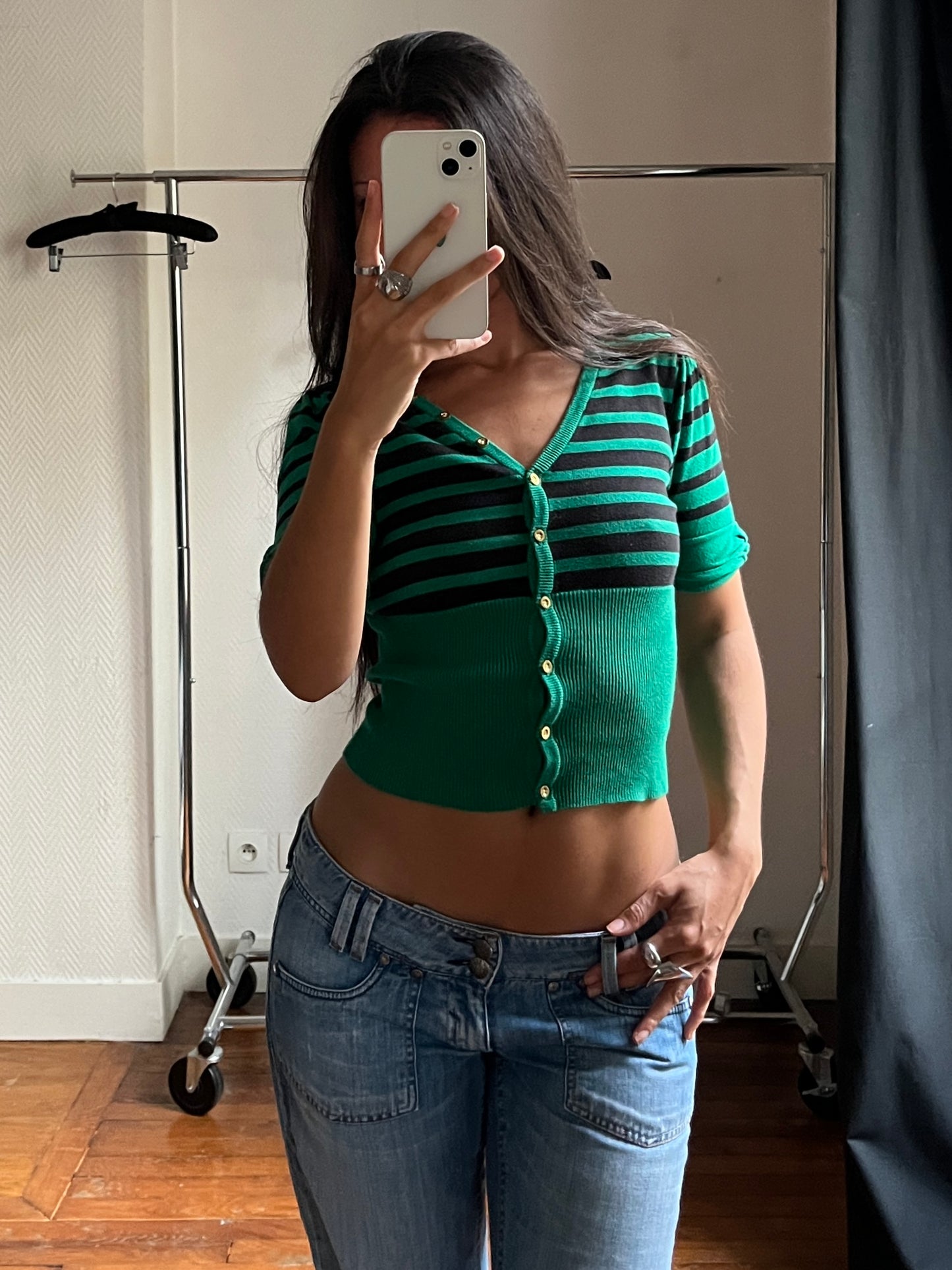 Vintage green striped short buttoned top