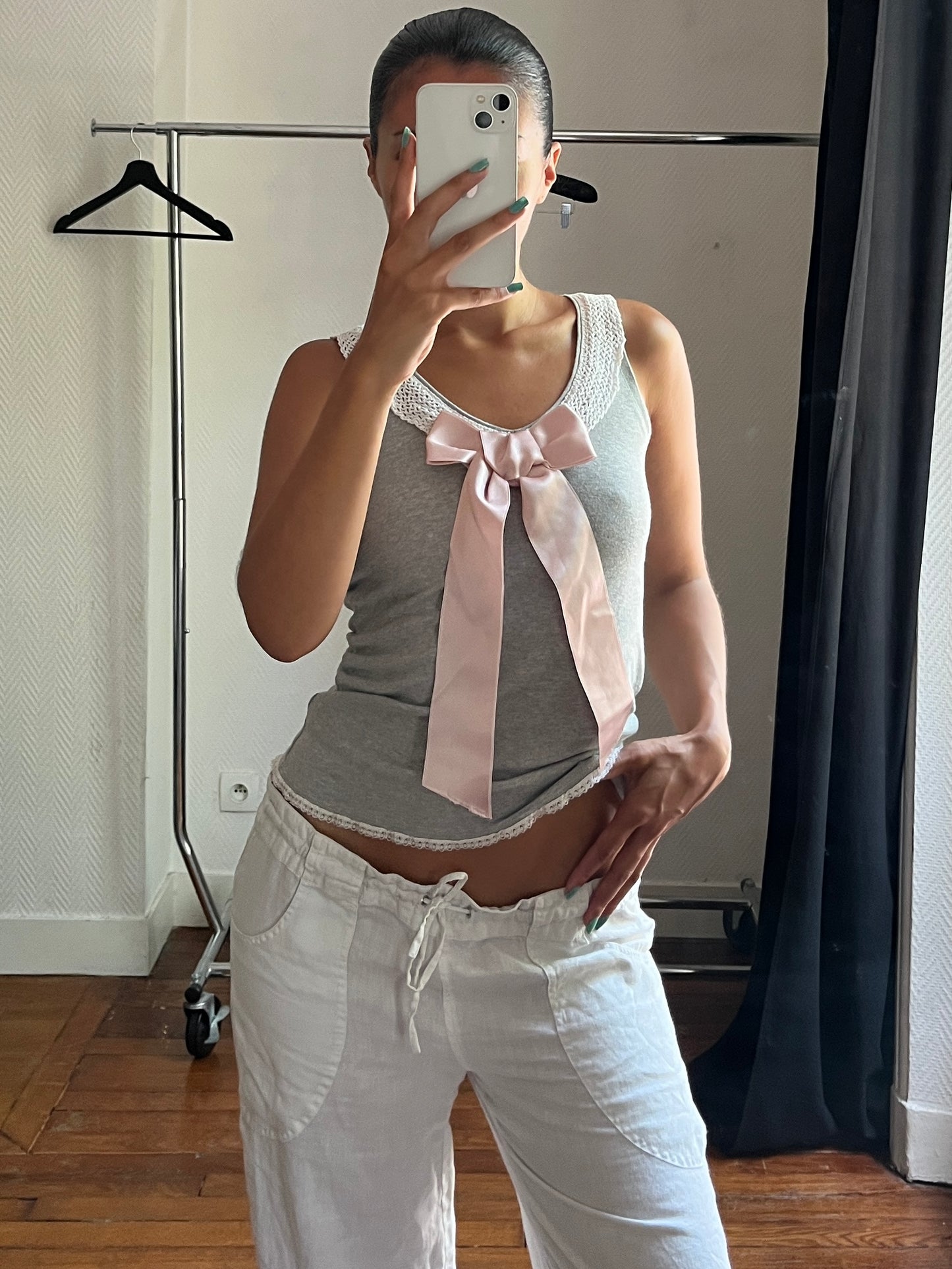 Vintage grey tank top with pink satin ribbon