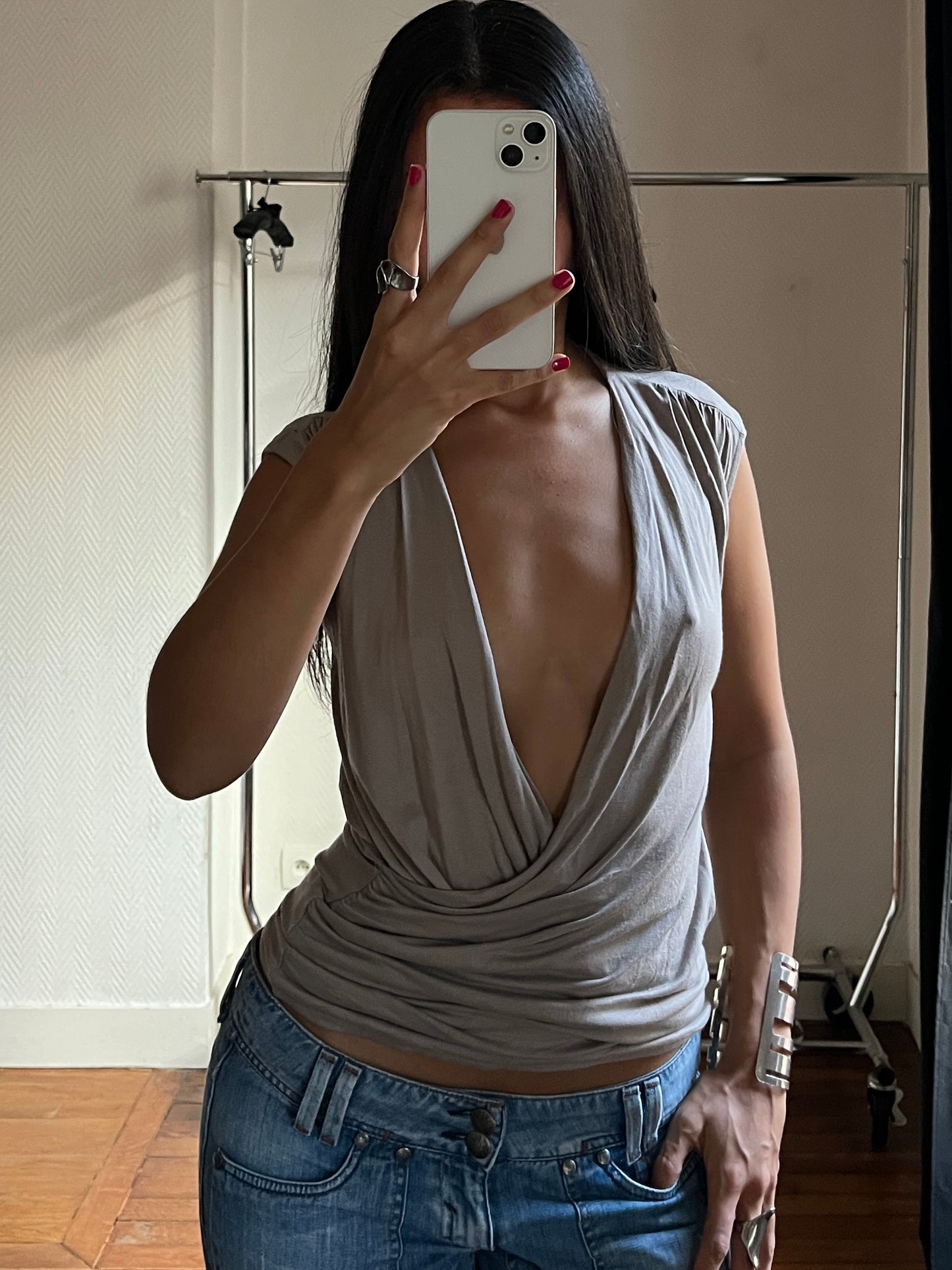Vintage grey low V neck top