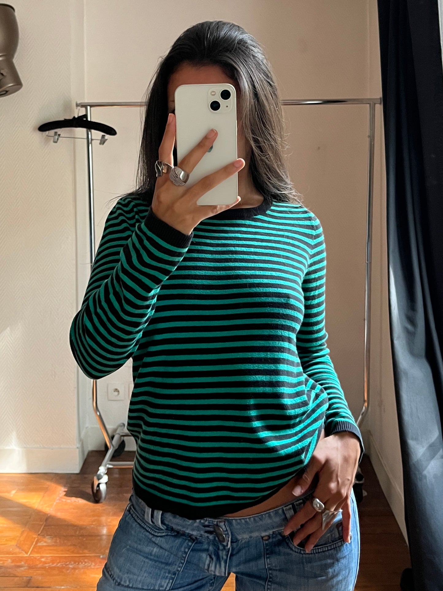 Vintage green & black striped pull over