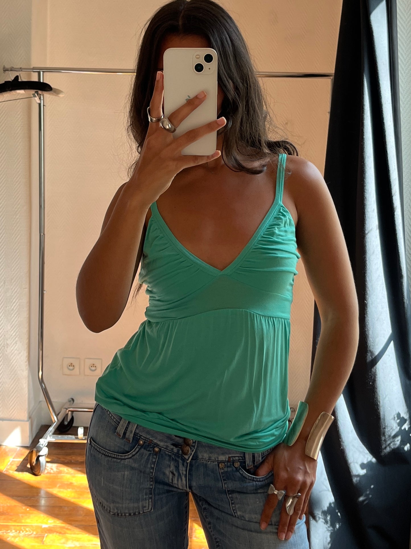 Vintage turquoise green draped cami top