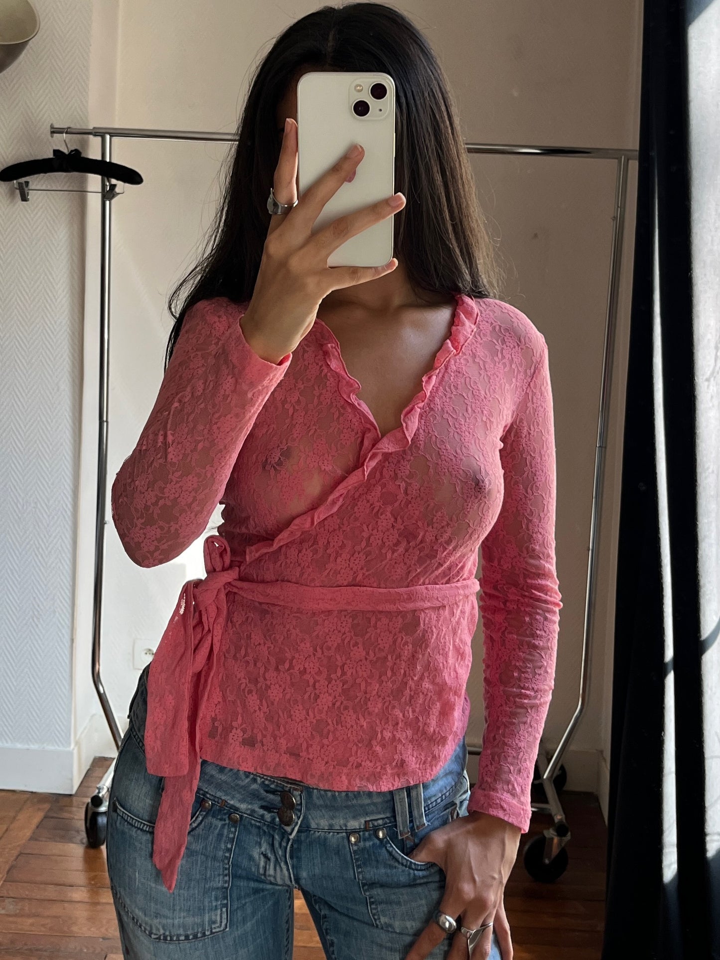 Vintage pink lace wrap up top