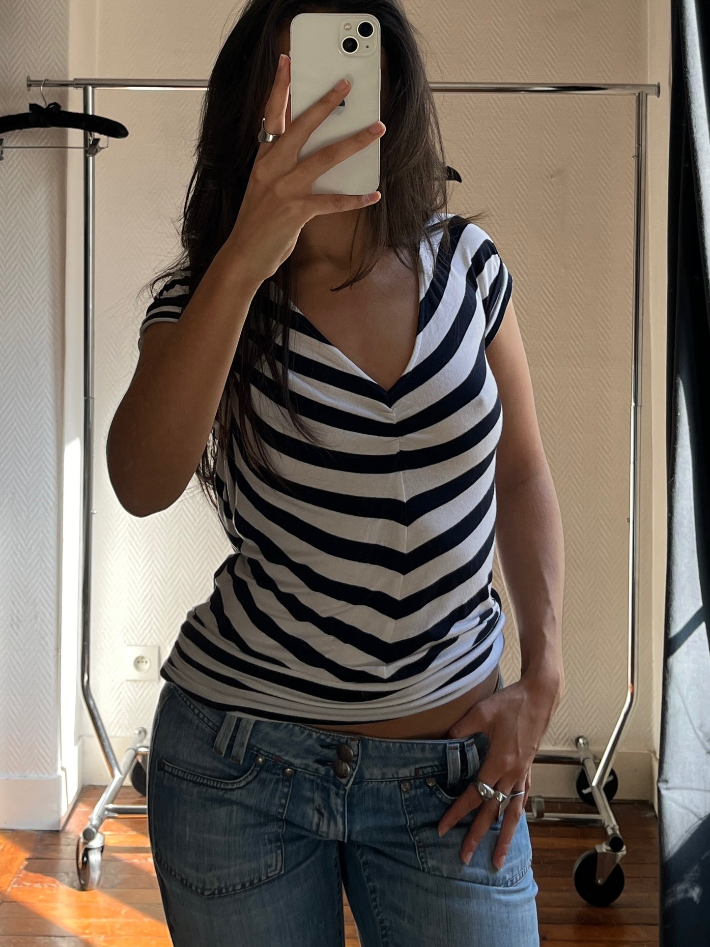 Vintage striped V neck draped top