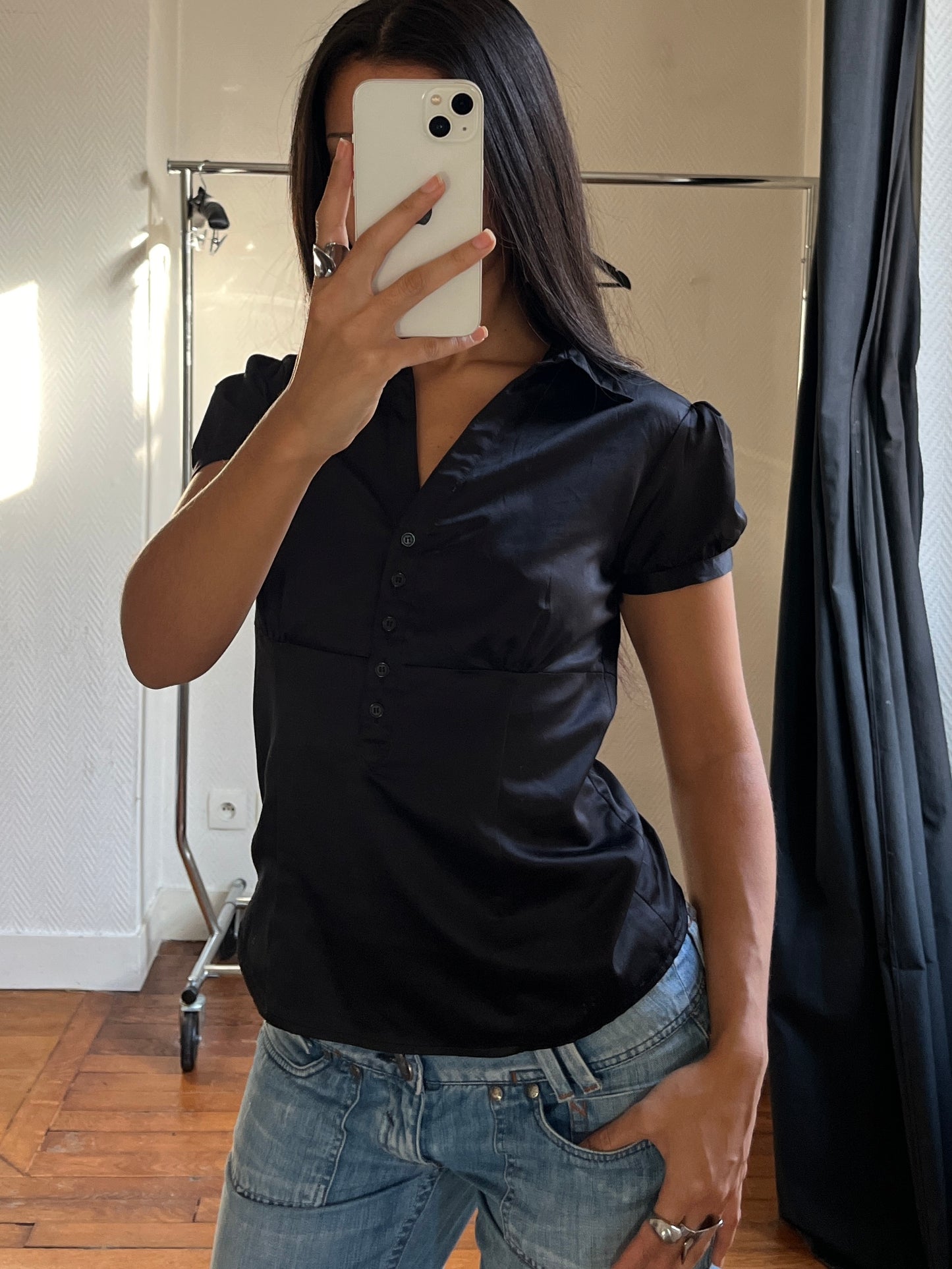 Vintage satin black buttoned top