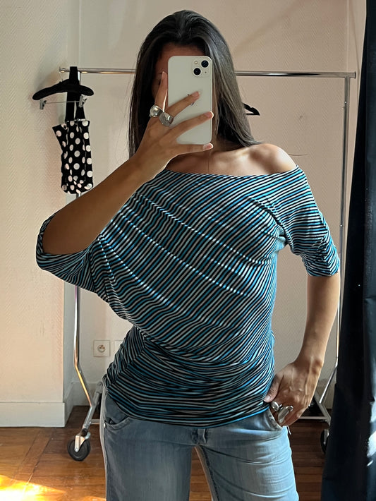 Vintage blue striped asymmetrical top