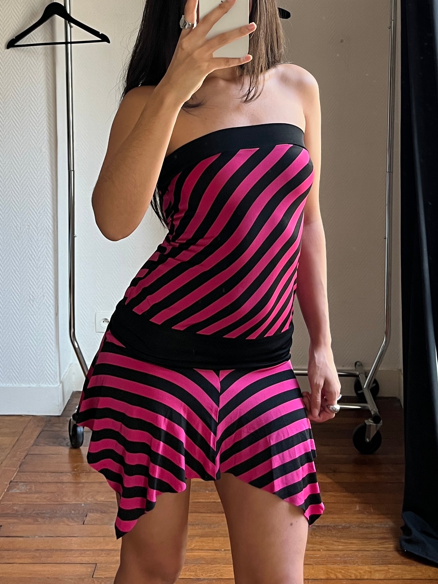 Vintage striped pink and black asymmetrical dress