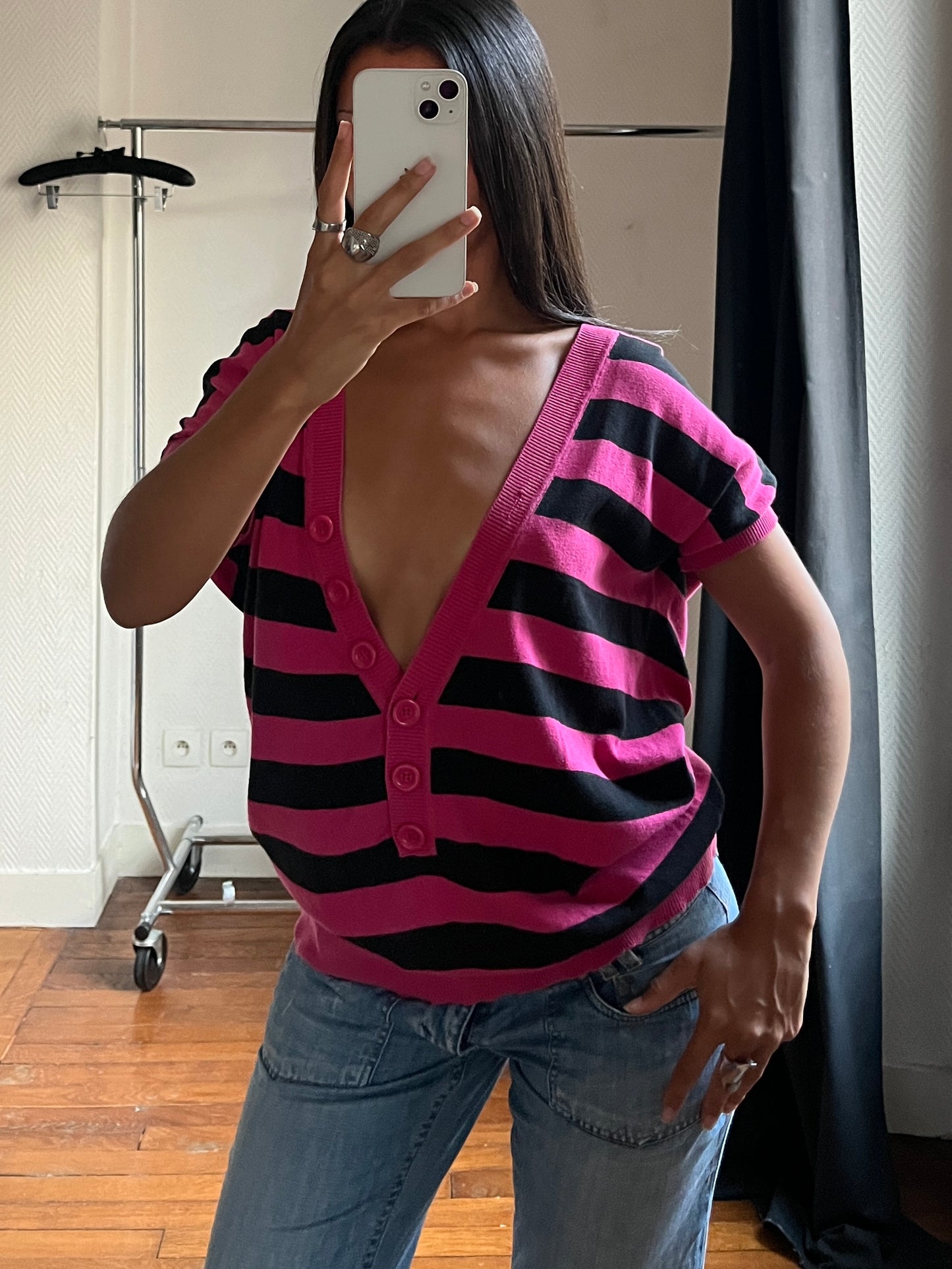 Vintage striped low V neck knitted top