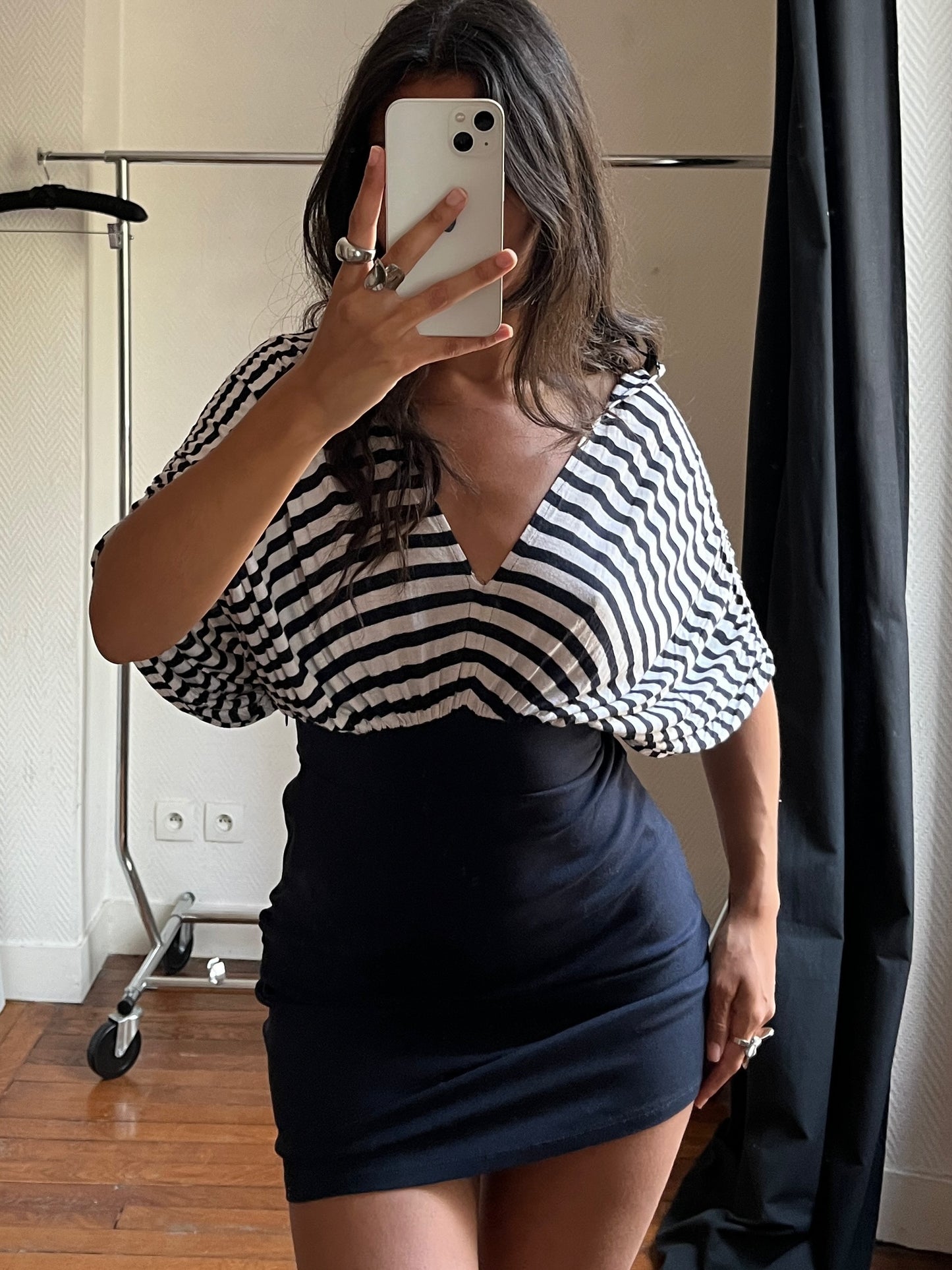 Vintage batwing stripped dark blue and white dress
