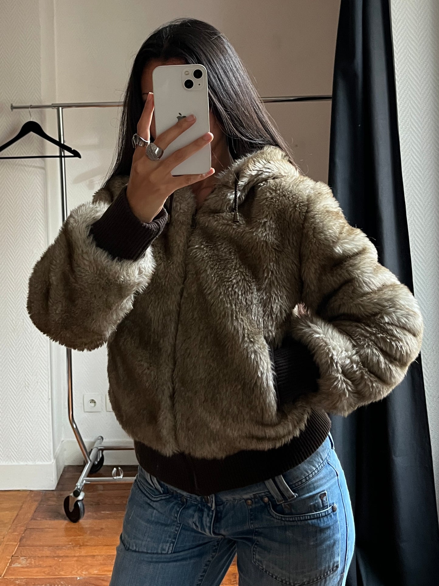 Vintage hooded faux fur zip up jacket