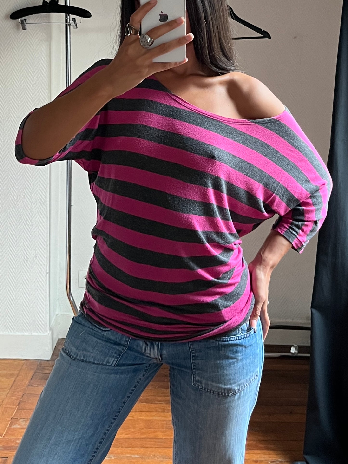 Vintage striped pink & grey top