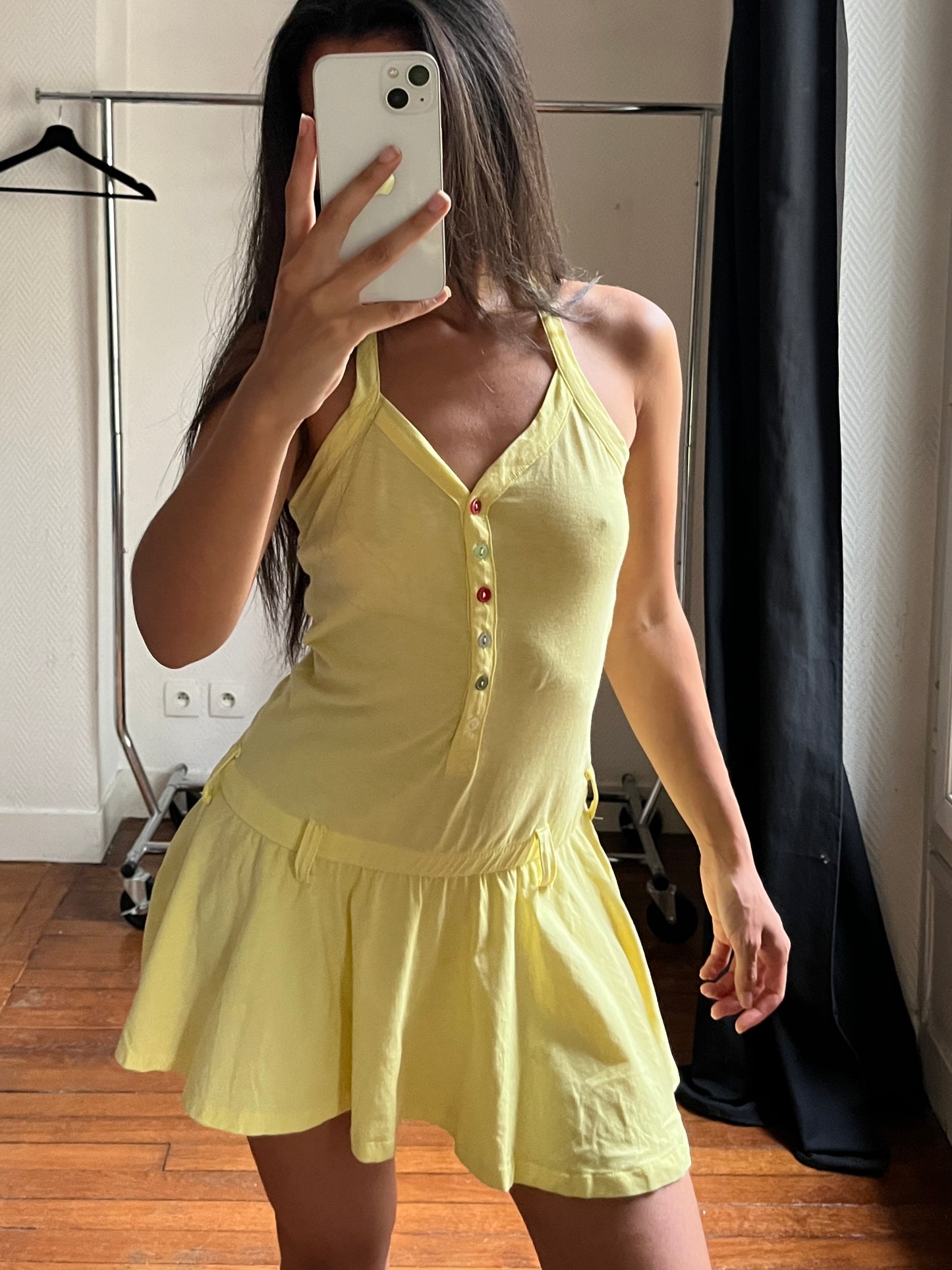 Vintage halter yellow buttoned summer dress