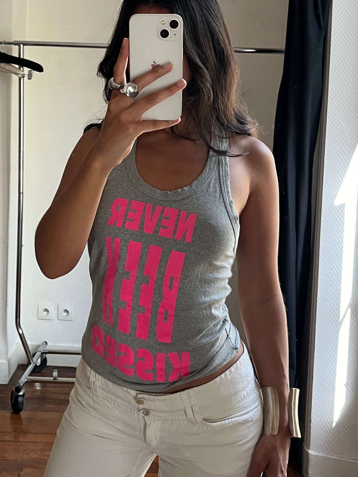 Vintage grey tank top with pink message