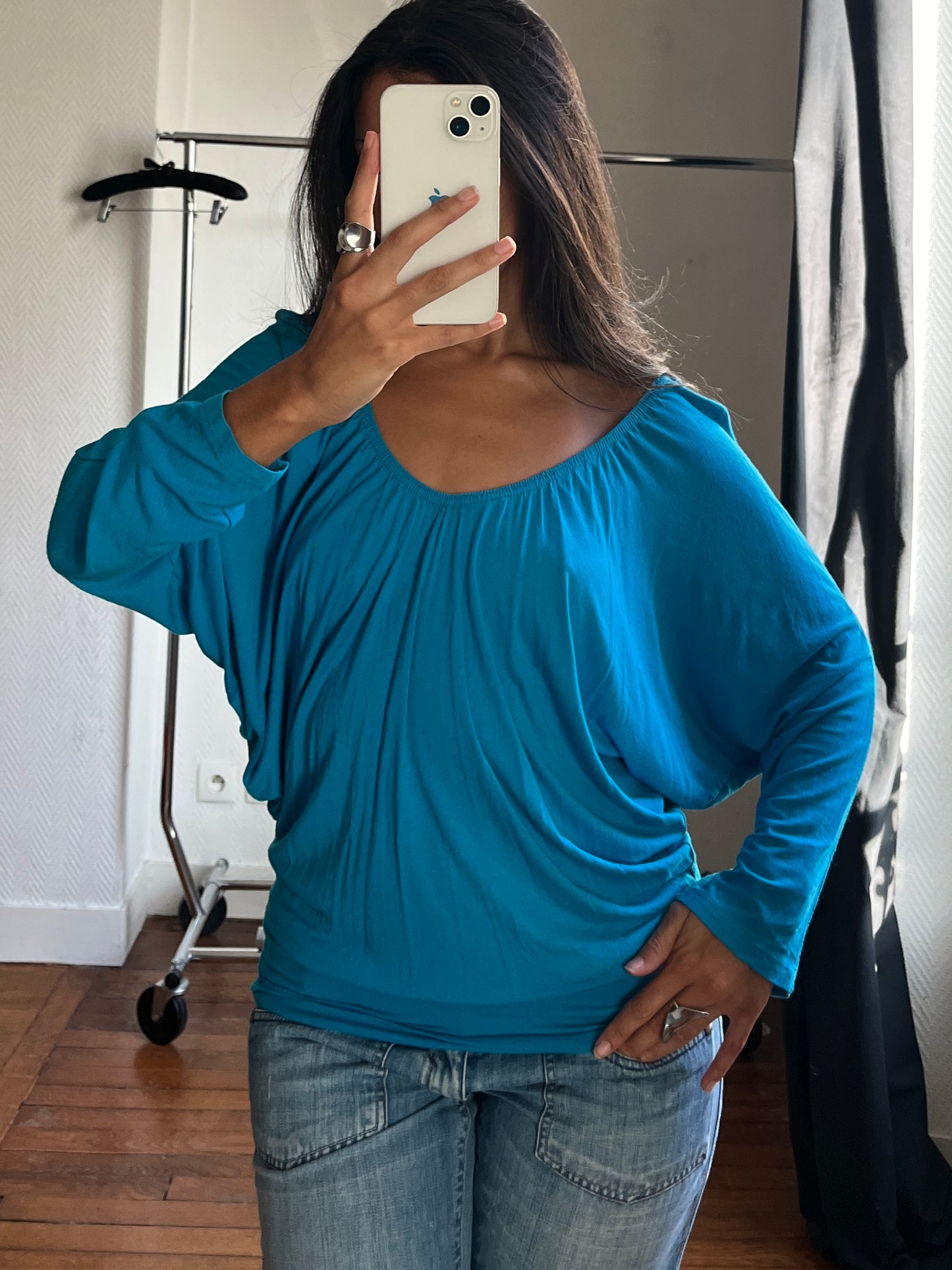 Vintage batwing draped blue top