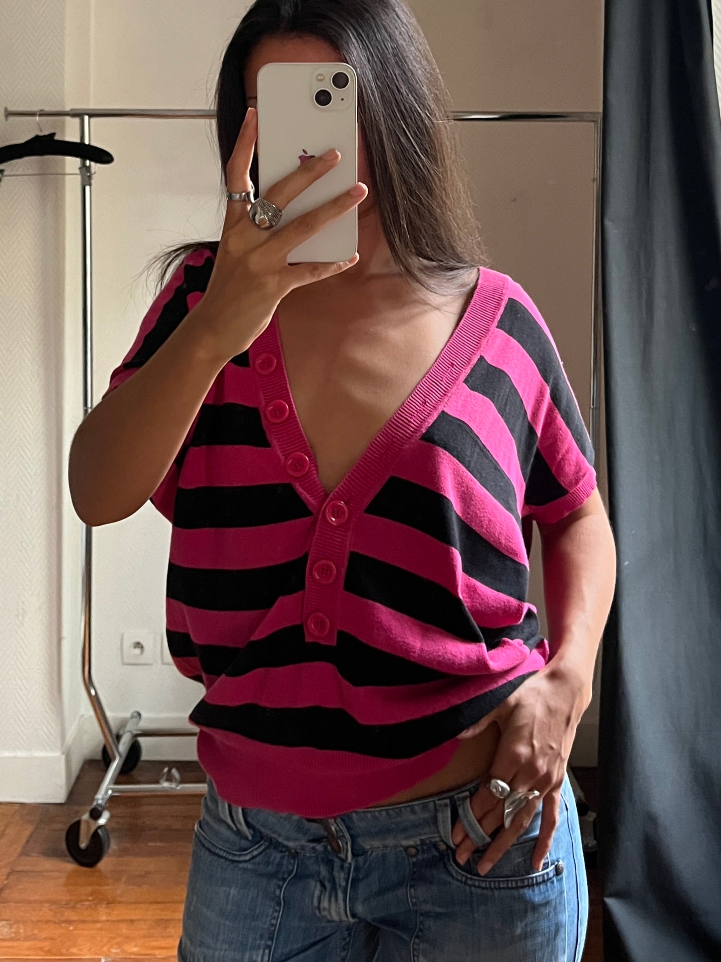 Vintage striped low V neck knitted top