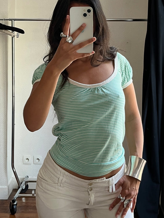 Vintage white and green striped top with open back