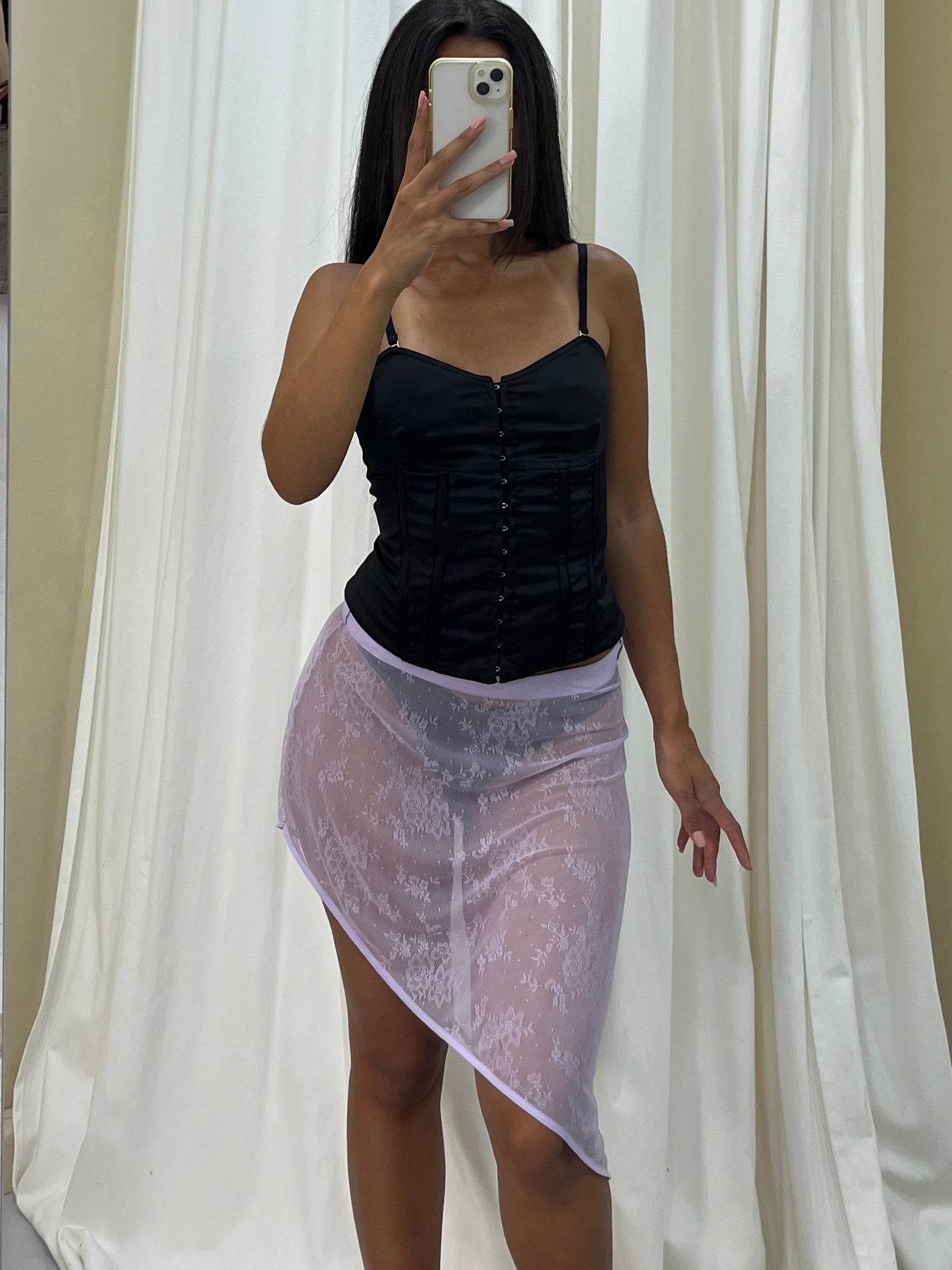 Vintage lilac asymmetrical lace see-through skirt